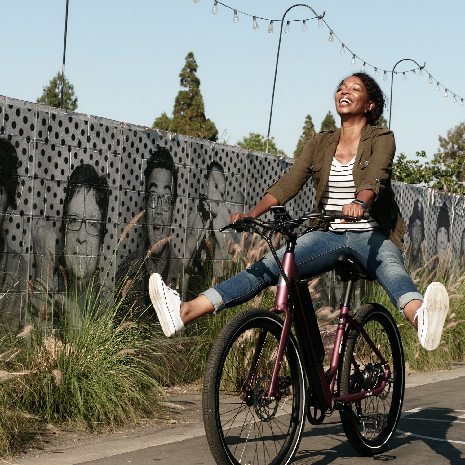 PACE 350 Step-Through Ebike Lifestyle Shot in Amethyst